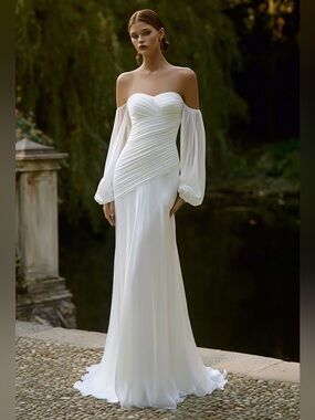 **NWOT** Elegant White Off-Shoulder Gown with Sheer Bishop Sleeves -4